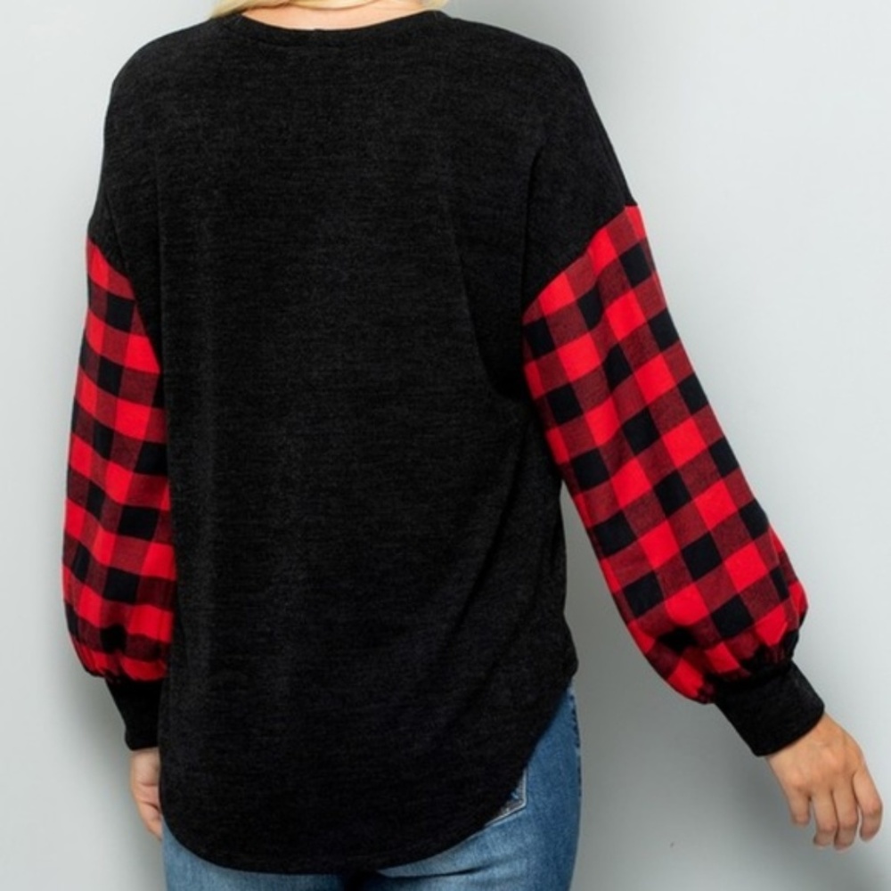 Say No More Buffalo Plaid Front Tie Sweater Top - Picture 4 of 6